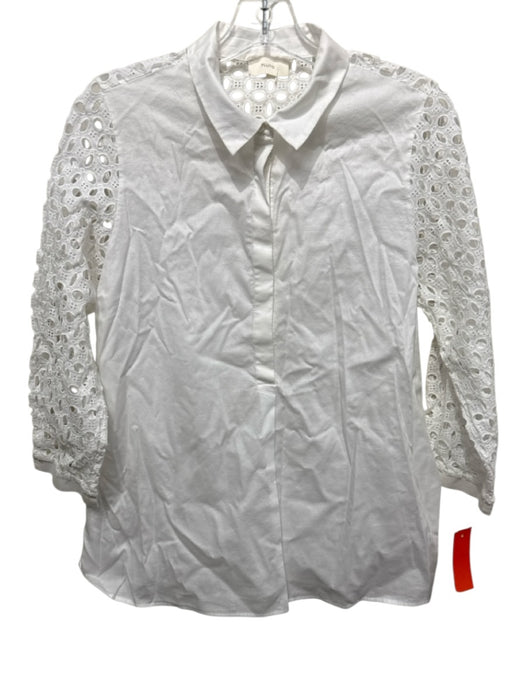 Pluto Size 38 White Cotton Long Sleeve Eyelet Sleeves Buttons & Collar Top White / 38