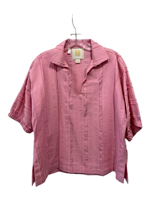 Emily McCarthy Size S Pink Cotton Short Sleeve Fringe Collar V Neck Top Pink / S