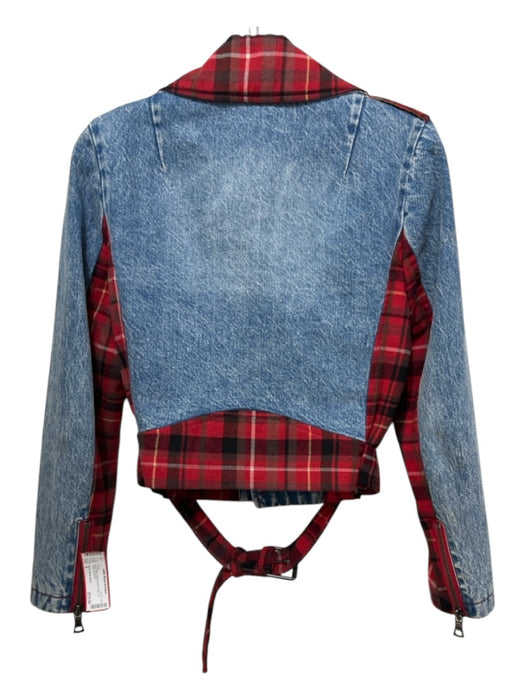 Alice + Olivia Jeans Size S Blue & Red Cotton Denim Plaid Zip Belted Jacket Blue & Red / S