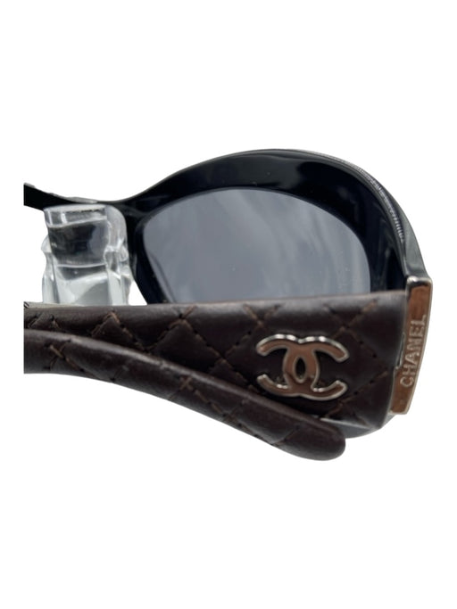 Chanel Black & Brown Leather & Acetate Quilted Silver Hardware Logo Sunglasses Black & Brown