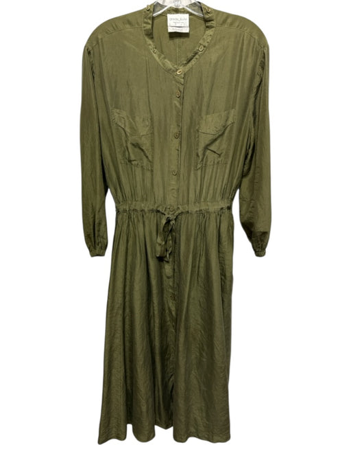 Giada Forte Size 2 Olive Green Silk 3/4 Sleeve Buttons Cinch Waist Maxi Dress Olive Green / 2