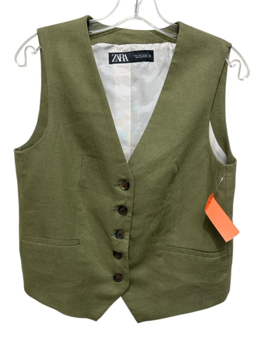 Zara Size S Olive Green Linen & Viscose Sleeveless Buttons Faux Pockets Vest Olive Green / S