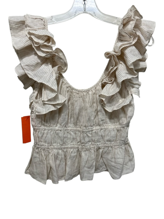 Ulla Johnson Size 4 Beige & White Linen Ruffle Cap Sleeve Stripes Peplum Top Beige & White / 4