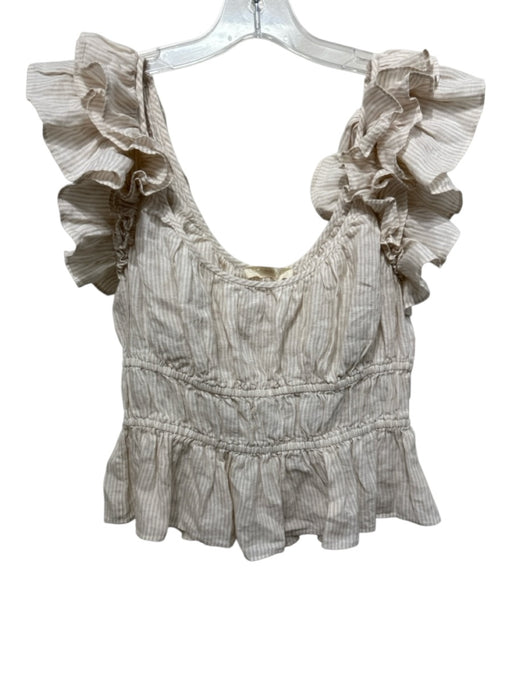Ulla Johnson Size 4 Beige & White Linen Ruffle Cap Sleeve Stripes Peplum Top Beige & White / 4