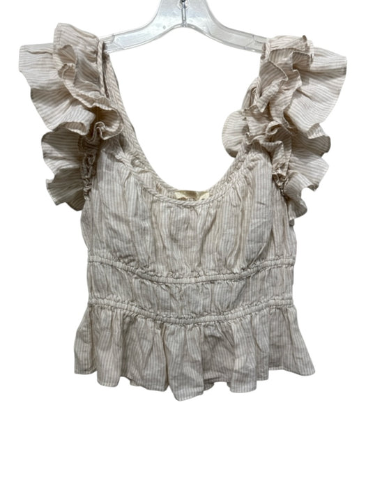Ulla Johnson Size 4 Beige & White Linen Ruffle Cap Sleeve Stripes Peplum Top Beige & White / 4