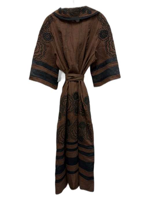 March 11 Size M Brown & Black Linen 1/2 Flutter Sleeve Floral Embroidery Dress Brown & Black / M