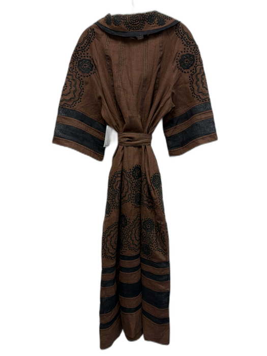 March 11 Size M Brown & Black Linen 1/2 Flutter Sleeve Floral Embroidery Dress Brown & Black / M
