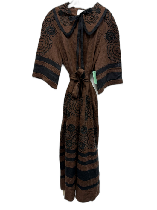 March 11 Size M Brown & Black Linen 1/2 Flutter Sleeve Floral Embroidery Dress Brown & Black / M