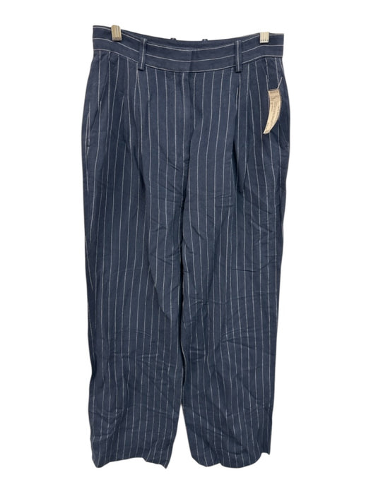 Club Monaco Size 6 Navy Blue & White Linen & Viscose Pinstripe Wide Leg Pants Navy Blue & White / 6