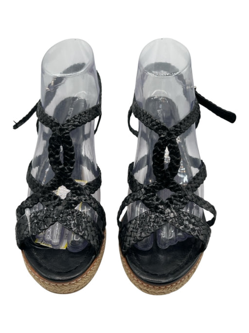 Pons Quintana Shoe Size 39 Black Leather Braided Espadrille Wedge Woven Sandals Black / 39