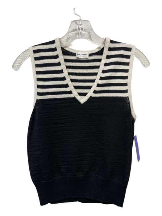 Saint Laurent Size M Black & Beige Linen Blend ribbed hem Stripe V Neck Sweater Black & Beige / M