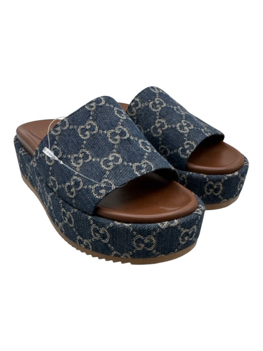 Gucci Shoe Size 39 Navy & Brown Canvas & Leather open toe Platform Sandals Navy & Brown / 39