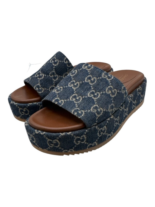 Gucci Shoe Size 39 Navy & Brown Canvas & Leather open toe Platform Sandals Navy & Brown / 39