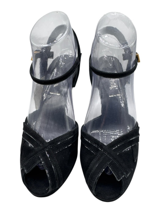 Prada Shoe Size 38 Black Leather Upper Suede & Patent Ankle Strap Sandals Black / 38