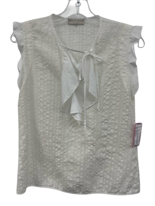 Emilio Pucci Size Est Small White Cotton Ruffle Cap Sleeve Cut Out Tie Neck Top White / Est Small