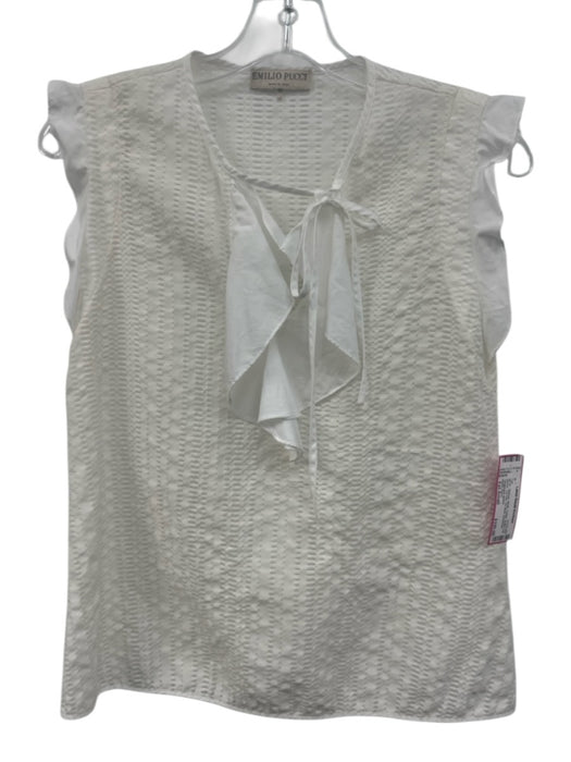 Emilio Pucci Size Est Small White Cotton Ruffle Cap Sleeve Cut Out Tie Neck Top White / Est Small