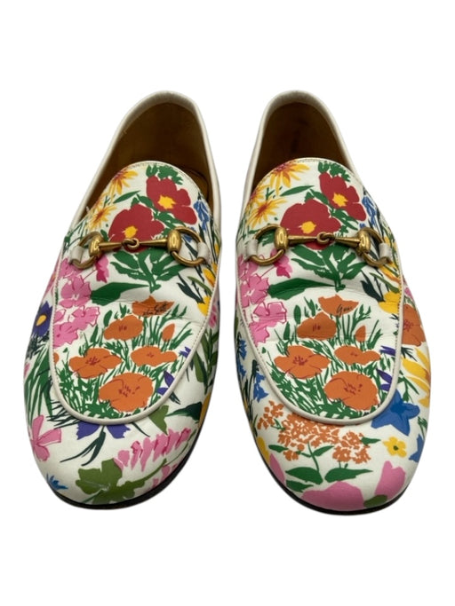 Gucci Shoe Size 40 White, Red, Multi Leather Gold Tone Hardware Floral Loafers White, Red, Multi / 40