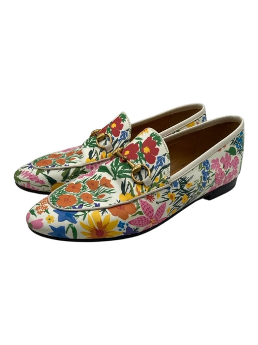 Gucci Shoe Size 40 White, Red, Multi Leather Gold Tone Hardware Floral Loafers White, Red, Multi / 40