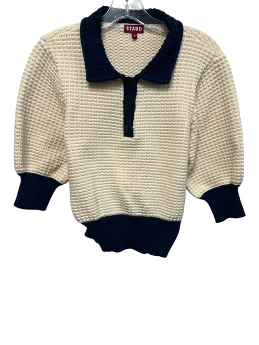 Staud Size M Cream & Navy Blue Cotton & Nylon Short Puff Sleeve Knit Sweater Cream & Navy Blue / M