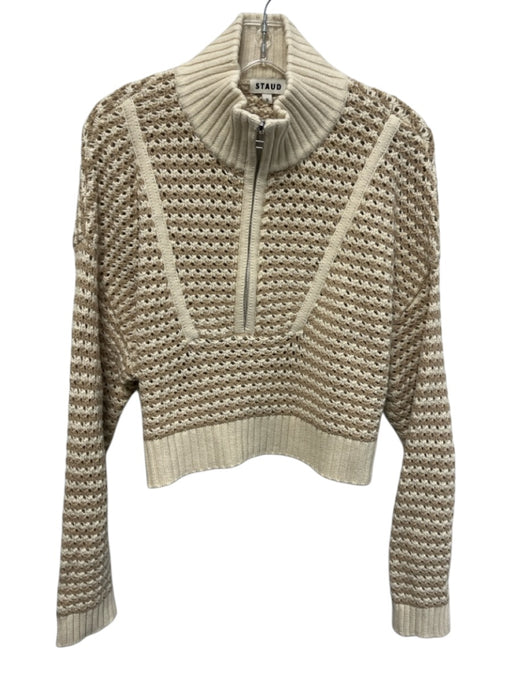 Staud Size S Cream & Beige Cotton & Acrylic Knit 1/4 Zip Open Knit Crop Sweater Cream & Beige / S