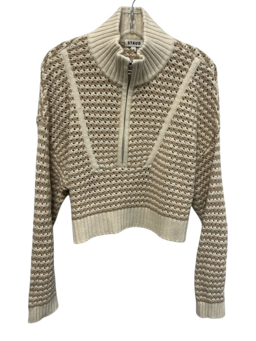 Staud Size S Cream & Beige Cotton & Acrylic Knit 1/4 Zip Open Knit Crop Sweater Cream & Beige / S