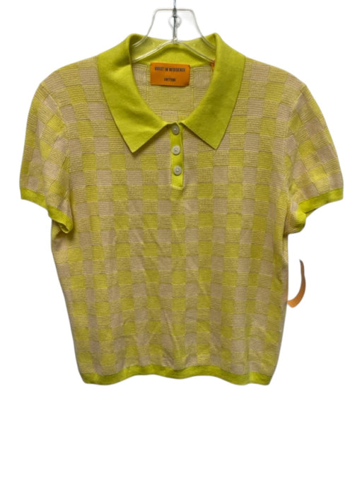 Guest in Residence Size M Neon Yellow & Beige Silk & Linen Short Sleeve Knit Top Neon Yellow & Beige / M