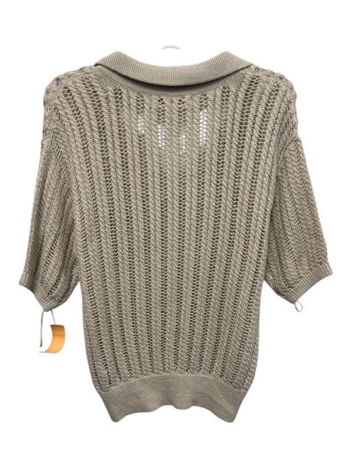 AMO Size S Gray Beige Pima Cotton Open Knit Short Sleeve Collar Sweater Gray Beige / S