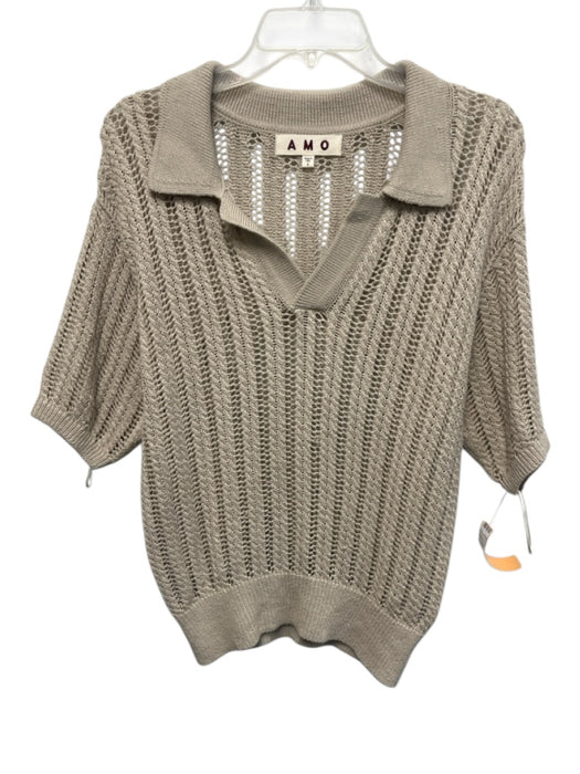AMO Size S Gray Beige Pima Cotton Open Knit Short Sleeve Collar Sweater Gray Beige / S