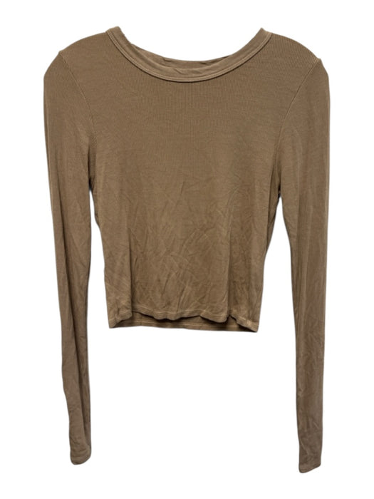 Enza Costa Size M Light Brown Viscose & Silk Long Sleeve Rib Knit Round Neck Top Light Brown / M