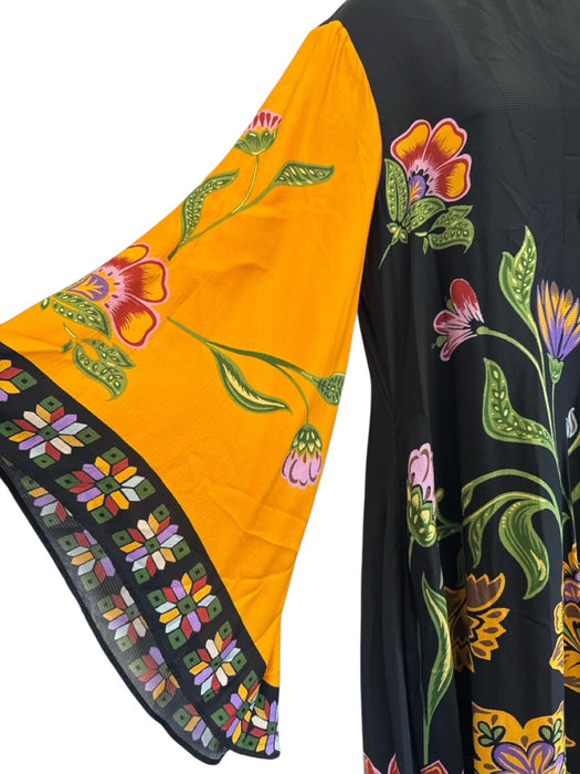 La Double J Size M Black, Orange, Multi Viscose Long Flare Sleeve Neck Tie Gown Black, Orange, Multi / M