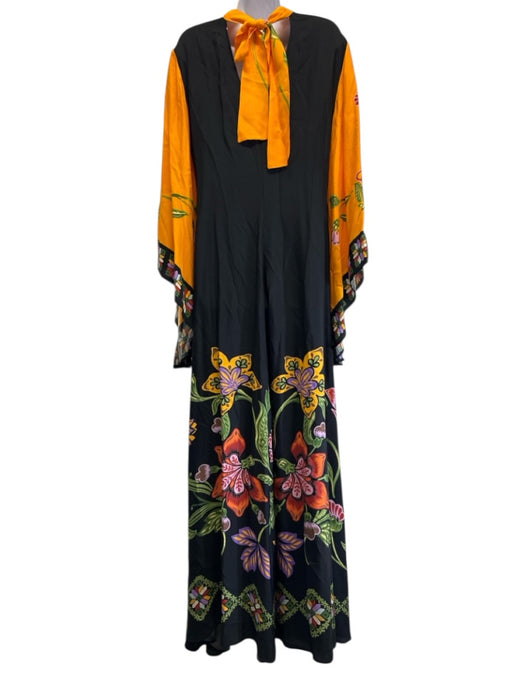 La Double J Size M Black, Orange, Multi Viscose Long Flare Sleeve Neck Tie Gown Black, Orange, Multi / M