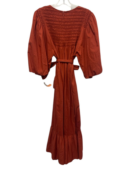 Sea New York Size M Rust Orange Cotton Short Puff Sleeve Smocked Neck Midi Dress Rust Orange / M