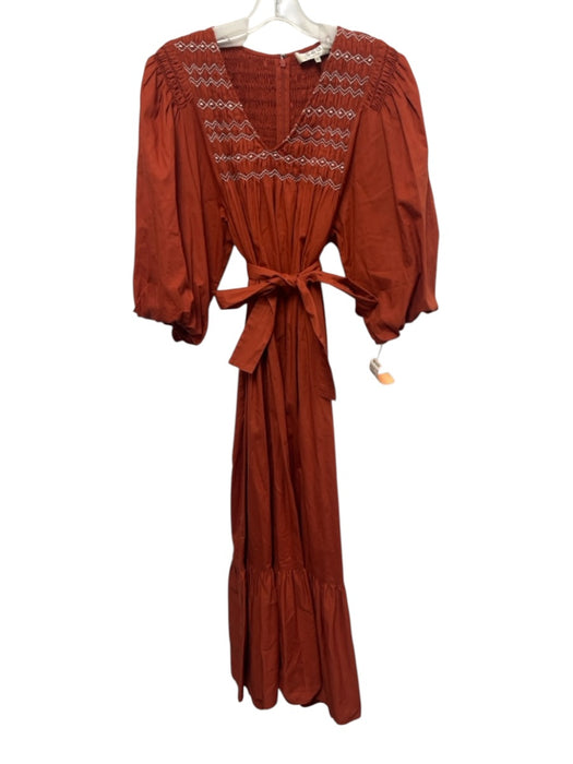 Sea New York Size M Rust Orange Cotton Short Puff Sleeve Smocked Neck Midi Dress Rust Orange / M