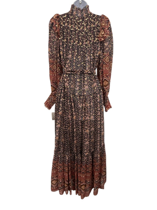 Ulla Johnson Size 6 Black, Red, Gold Silk & Lurex Long puff sleeve Maxi Dress Black, Red, Gold / 6