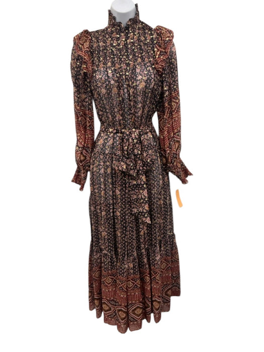 Ulla Johnson Size 6 Black, Red, Gold Silk & Lurex Long puff sleeve Maxi Dress Black, Red, Gold / 6