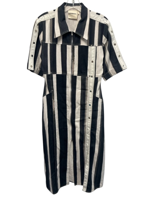 Lovebirds Size XS Black & Beige Cotton Denim Short Sleeve Stripe Zip Up Dress Black & Beige / XS