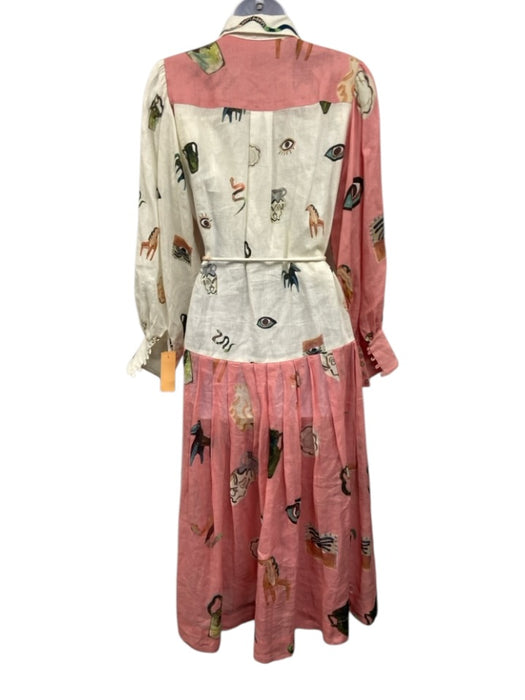 Alemais Size 6 Pink Linen, Ramie, Cotton Long puff sleeve Abstract Buttons Dress Pink / 6