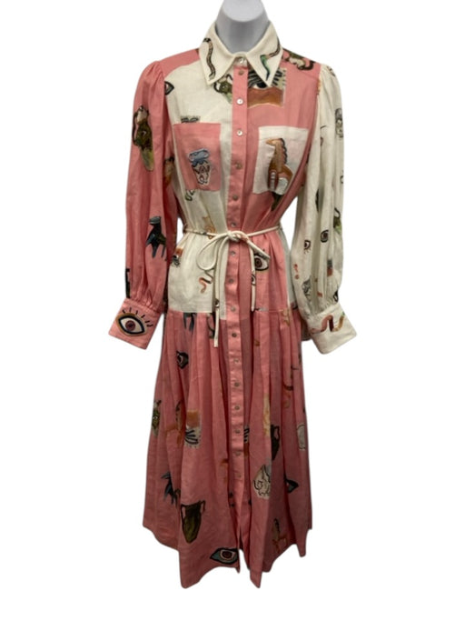 Alemais Size 6 Pink Linen, Ramie, Cotton Long puff sleeve Abstract Buttons Dress Pink / 6