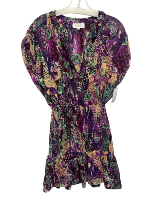 A.L.C. Size 6 Purple, Cream, Green Silk Cap Sleeve Abstract Print Mini Dress Purple, Cream, Green / 6