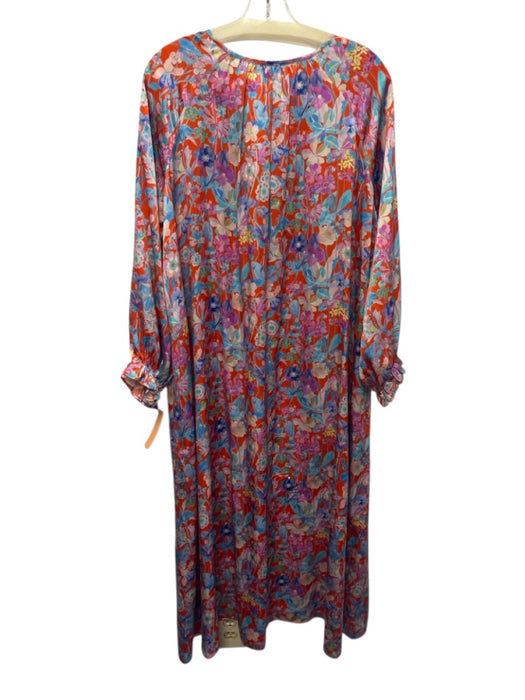 Ann Mashburn Size L Red, Blue, Purple Silk Long puff sleeve Floral Print Dress Red, Blue, Purple / L