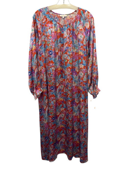 Ann Mashburn Size L Red, Blue, Purple Silk Long puff sleeve Floral Print Dress Red, Blue, Purple / L