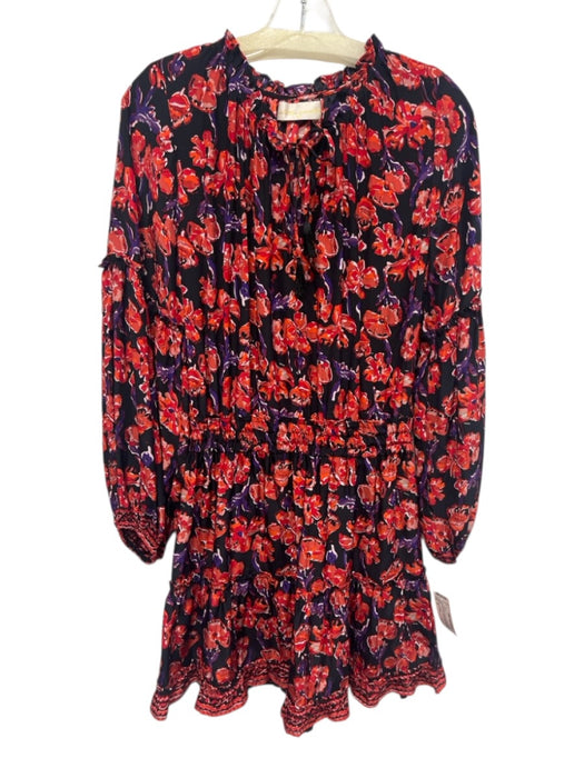 Natalie Martin Size M Black, Red, Purple Silk Long puff sleeve Split Neck Dress Black, Red, Purple / M