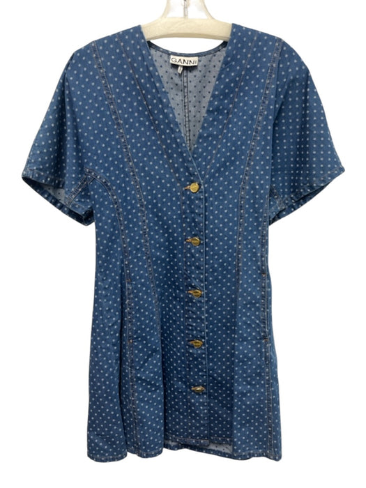 Ganni Size 38 Medium Wash Cotton Denim Short Sleeve Polka Dot Button Mini Dress Medium Wash / 38