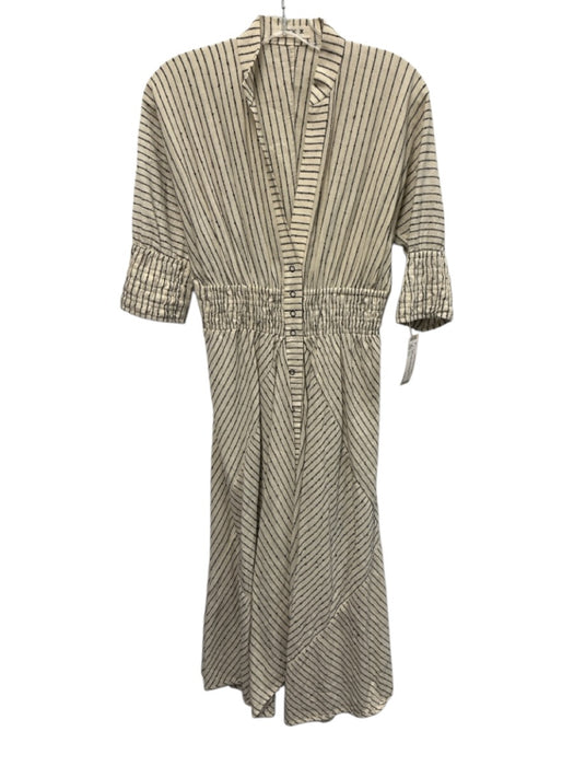 KITX Size 4-6 Cream & Black Linen Short Sleeve Stripe Snaps Midi Dress Cream & Black / 4-6