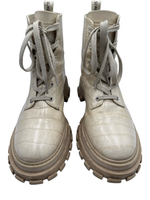 Schutz Shoe Size 10B Beige & Cream Croc Embossed Leather Lace Up Half Calf Boots Beige & Cream / 10B