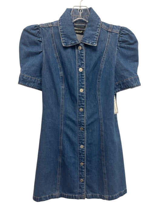 BlankNYC Size XS Medium Wash Cotton Denim Snap Button Short Puff Sleeve Dress Medium Wash / XS