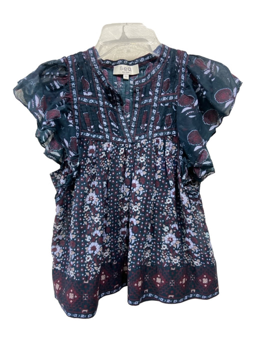 Sea New York Size XXS Navy & Purple Cotton Paisley Round Split Neck Floral Top Navy & Purple / XXS