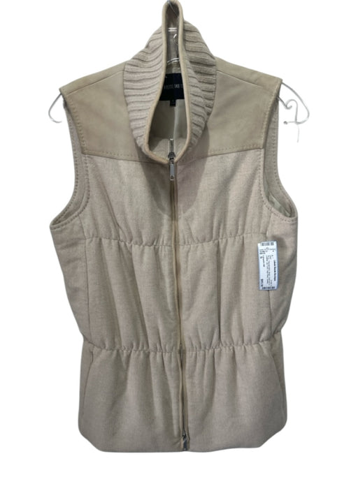 Lafayette 148 Size S Beige Cashmere & Leather Zip Front High Neck Quilted Vest Beige / S