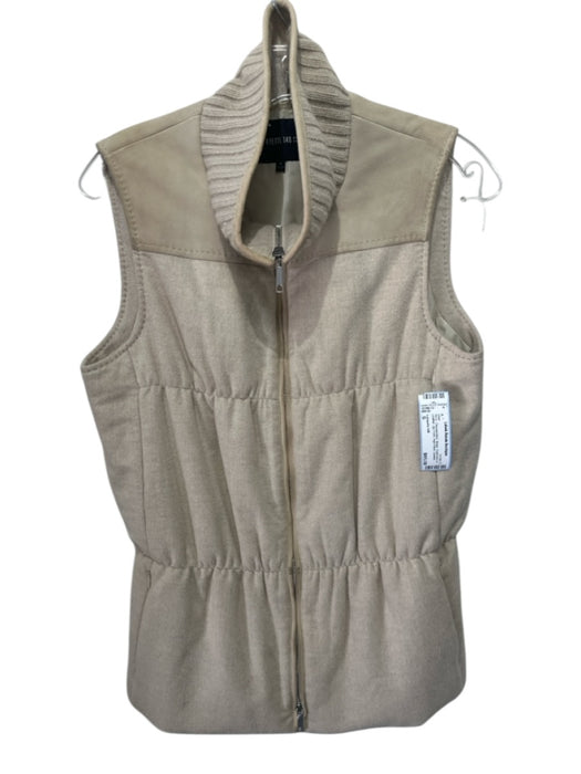 Lafayette 148 Size S Beige Cashmere & Leather Zip Front High Neck Quilted Vest Beige / S