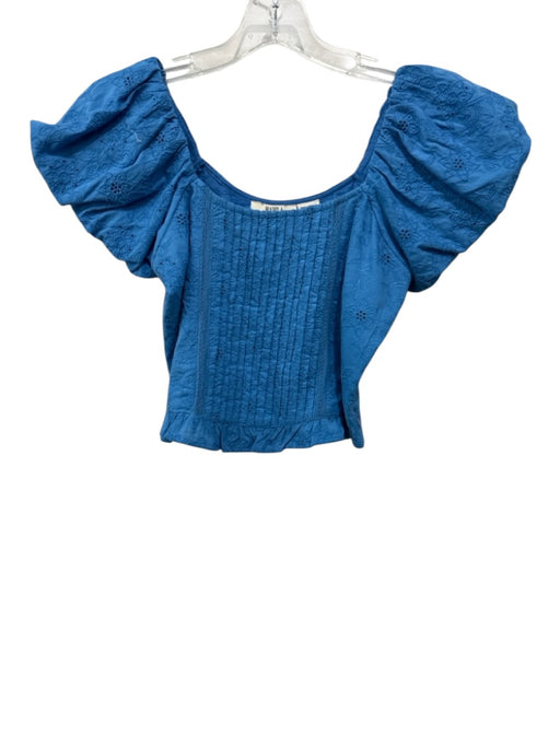 Mahila Size XS Blue Cotton Puff Shoulder Pleats Floral Embroideries Crop Top Blue / XS